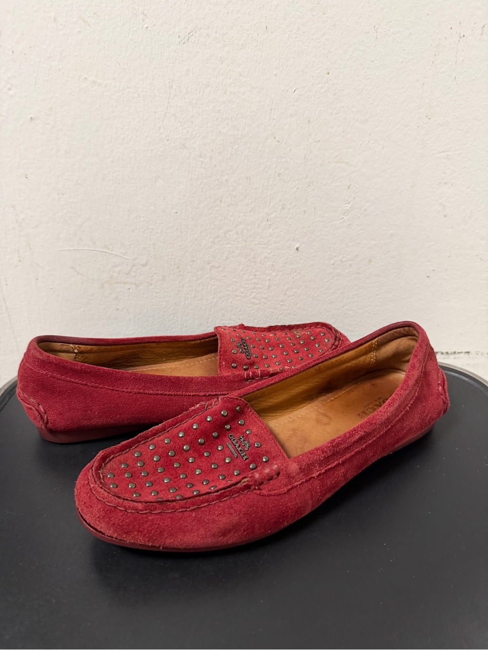 Coach Red Suede Studded Logo Slip-On Loafer Flats Women’s US 7 Casual